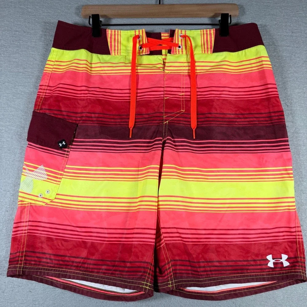 Under Armour Mens‎ HeatGear Striped Board Shorts Red Yellow Size 34 1257781